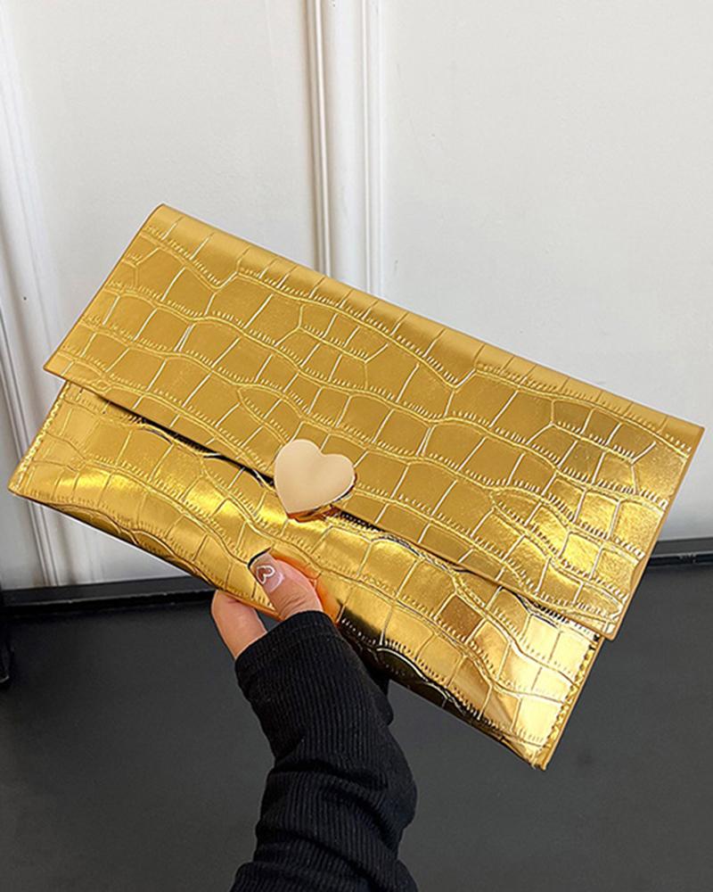 

Crocodile Heart Magnet Flap Clutch Bag, Gold