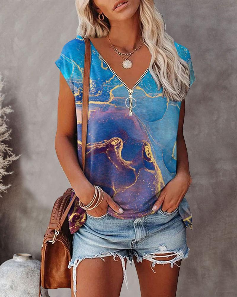 

Marble Print Zip Front T-shirt, Blue