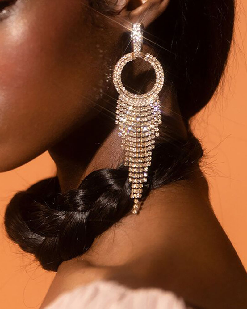 

Round Shaped Tassel Design Rhinestone Drop Earrings, Gold