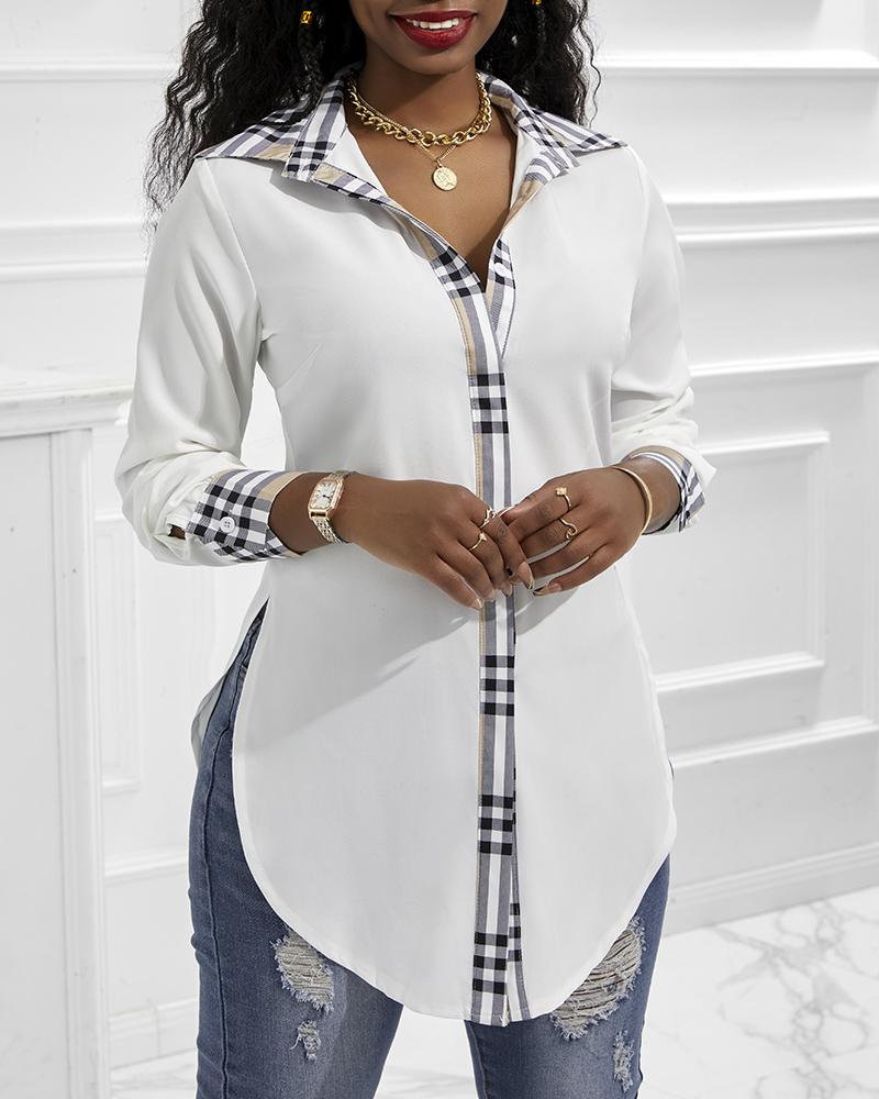 Contrast Plaid Side Slit Button Down Shirt