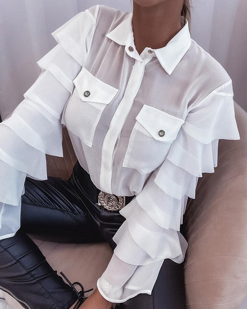 

Layered Bell Sleeve Button Down Shirt, White