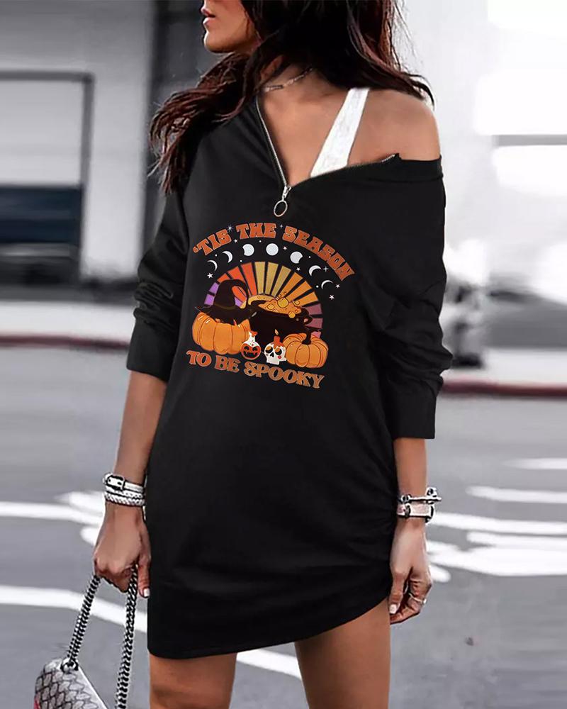 

Halloween Long Sleeve Graphic Print Casual Dress, Black