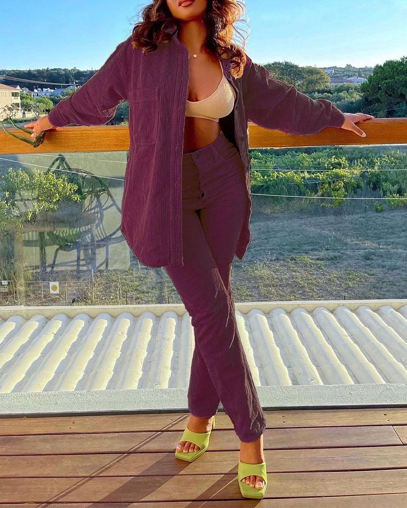 

Long Sleeve Button Down Corduroy Shacket & Pants Set, Wine red
