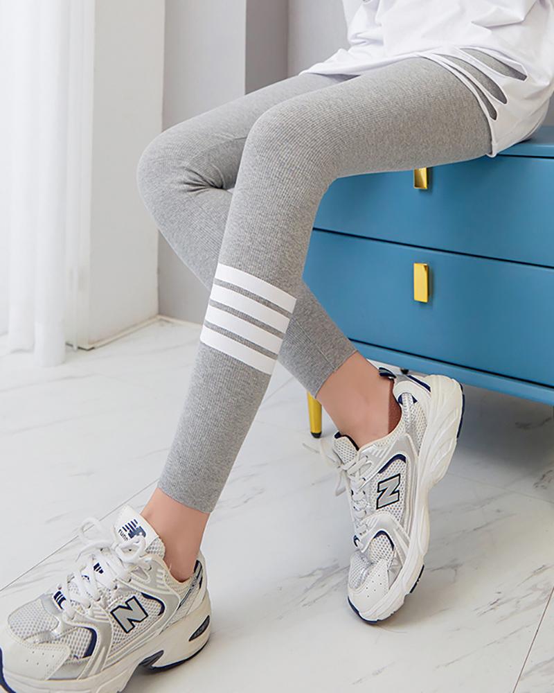 

Striped Print High Waist Skinny Basic Leggings, Gray