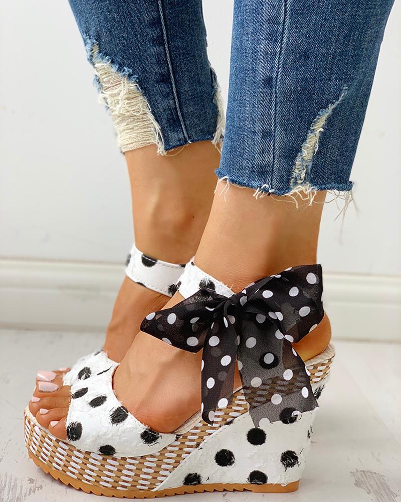 

Dot Bowknot Design Platform Wedge Sandals, White
