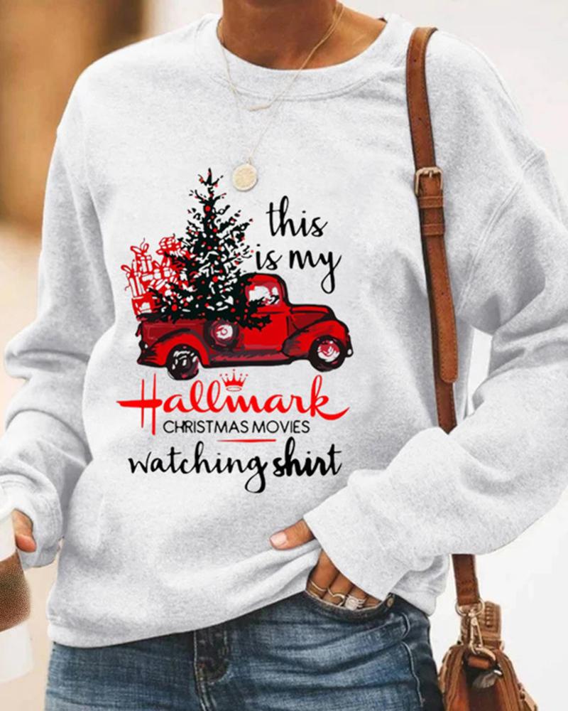 

Christmas Letter Car Print Long Sleeve Casual Sweatshirt, White