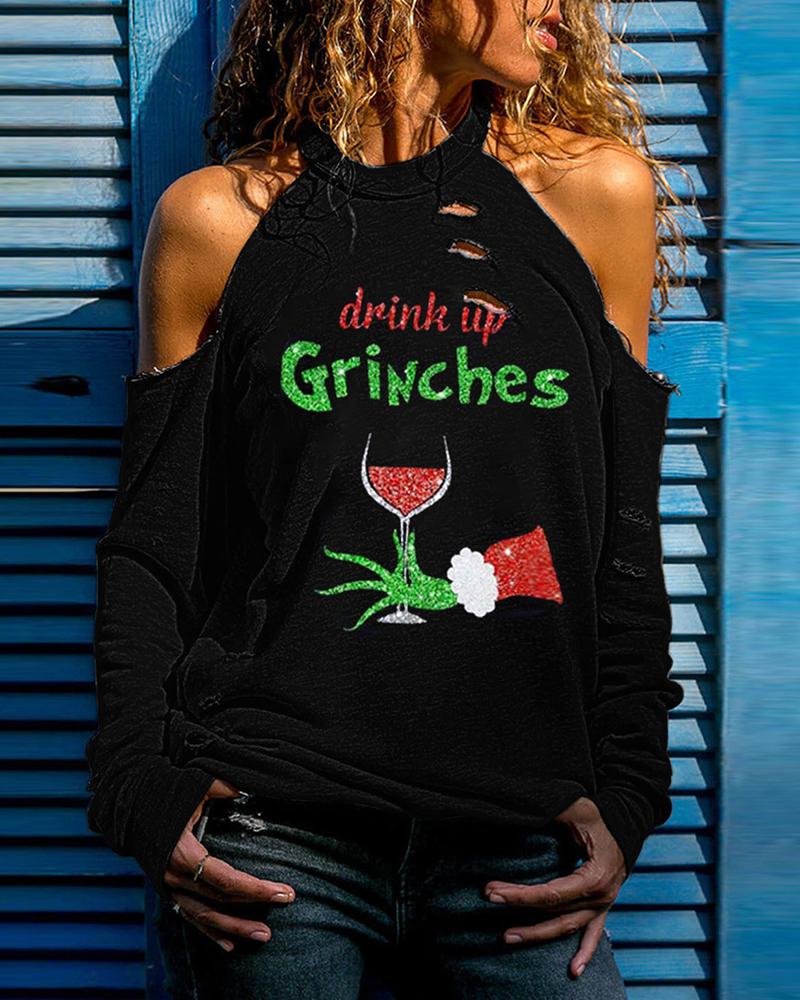 

Christmas Cutout Letter Grinches Print Cold Shoulder Top, Black