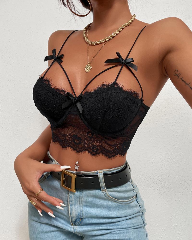 

Bowknot Decor Lace Crop Cami Top, Black