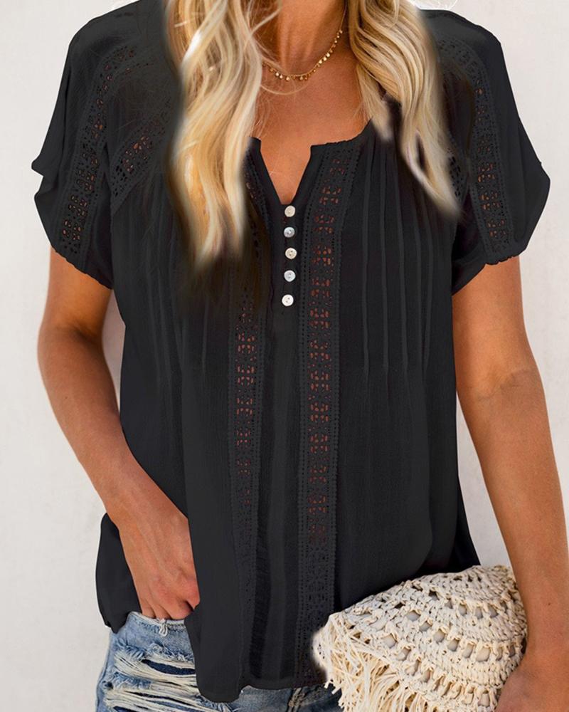

Plain Hollow Out Lace Button Design Top, Black