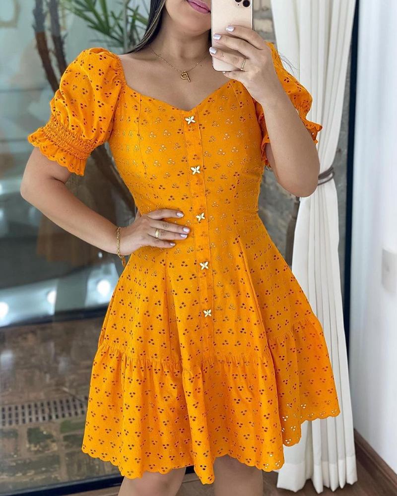 

Puffed Sleeve Hollow Out Dress, Yellow