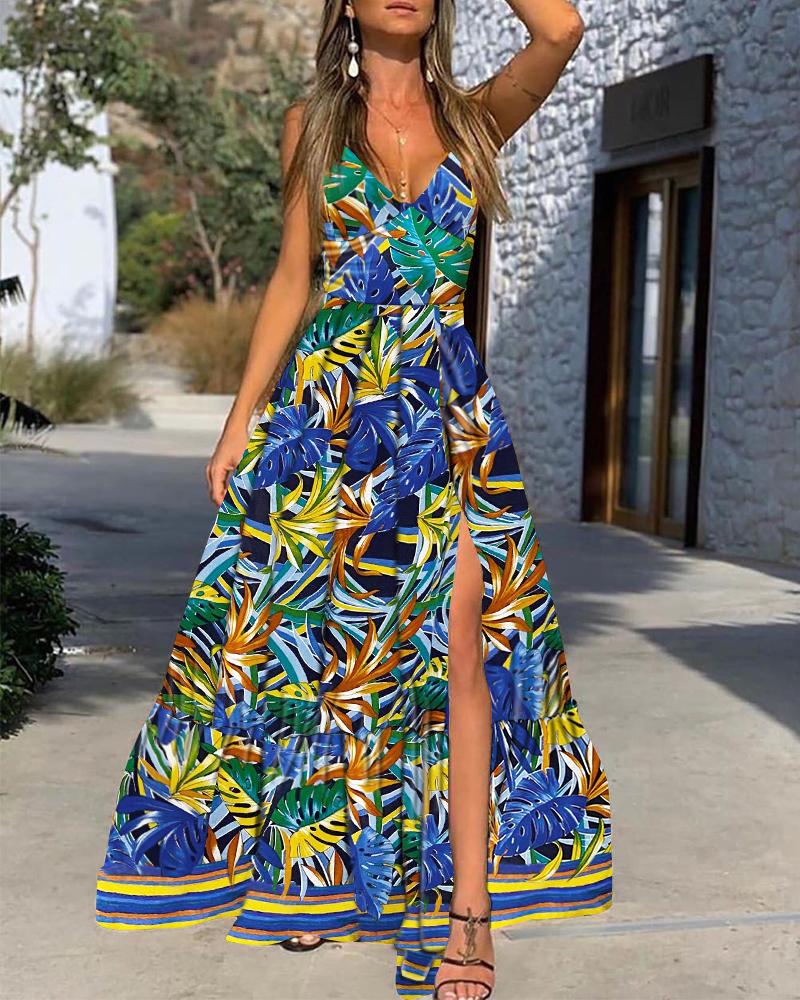

Floral Print V-neck Tight Waist Slit Large Bottom, Multicolor
