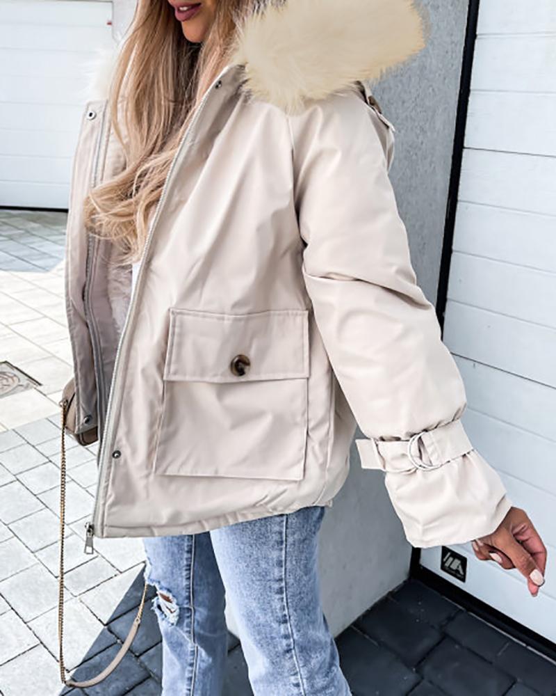 

Faux Fur Patch Pocket Zipper Design Hooded Parker Coat, Beige