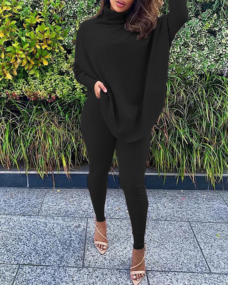 

Plain Batwing Sleeve Women Top & Skinny Pants Set, Black