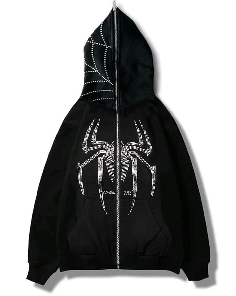 

Rhinestone Spider Pattern Zipper Design Hooded Sweatshirt, Black