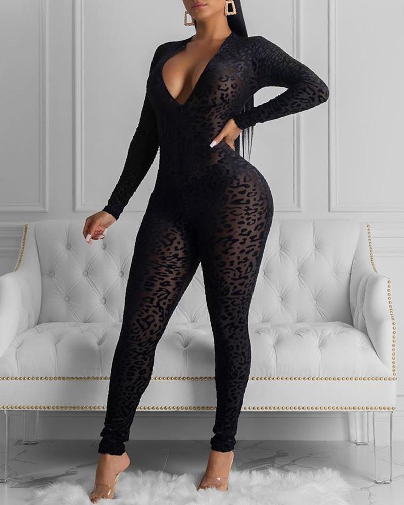 

Abstract Leopard Print Semi Sheer Mesh Jumpsuit, Black