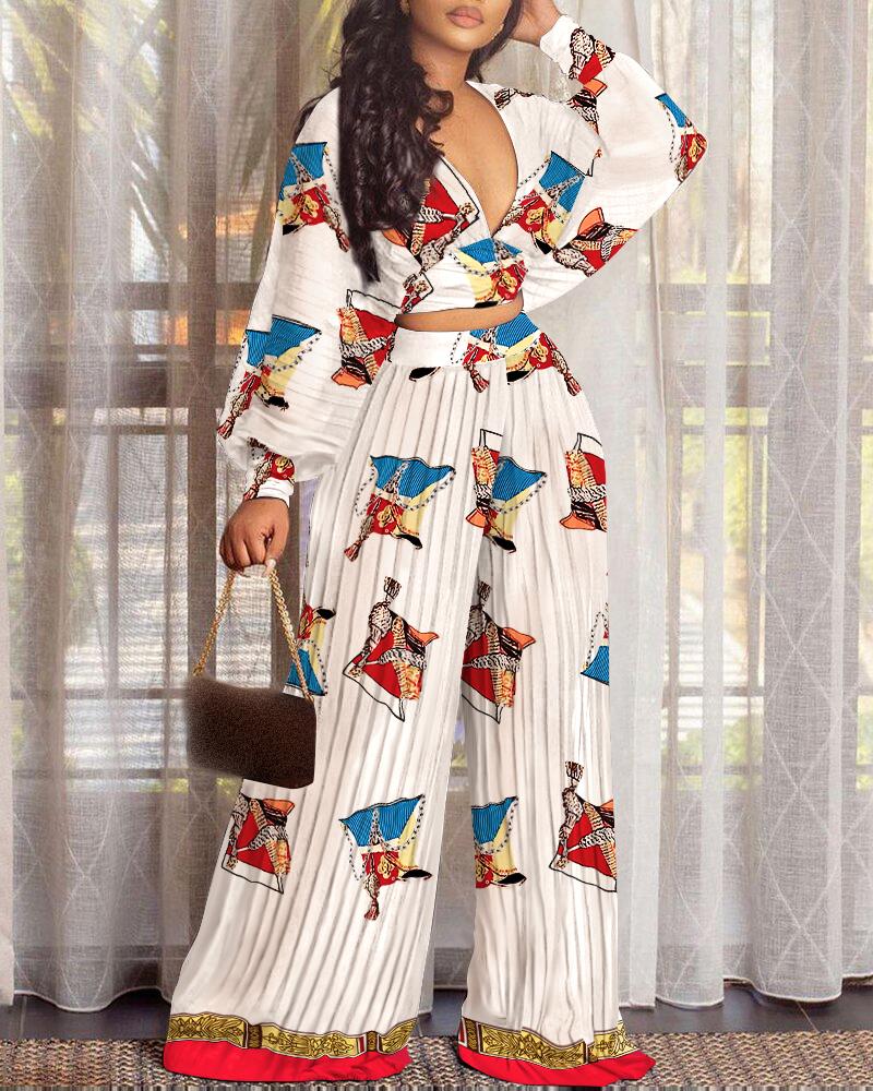 

V-Neck Lantern Sleeve Crop Top & Pleated Wide Leg Pants Set, White
