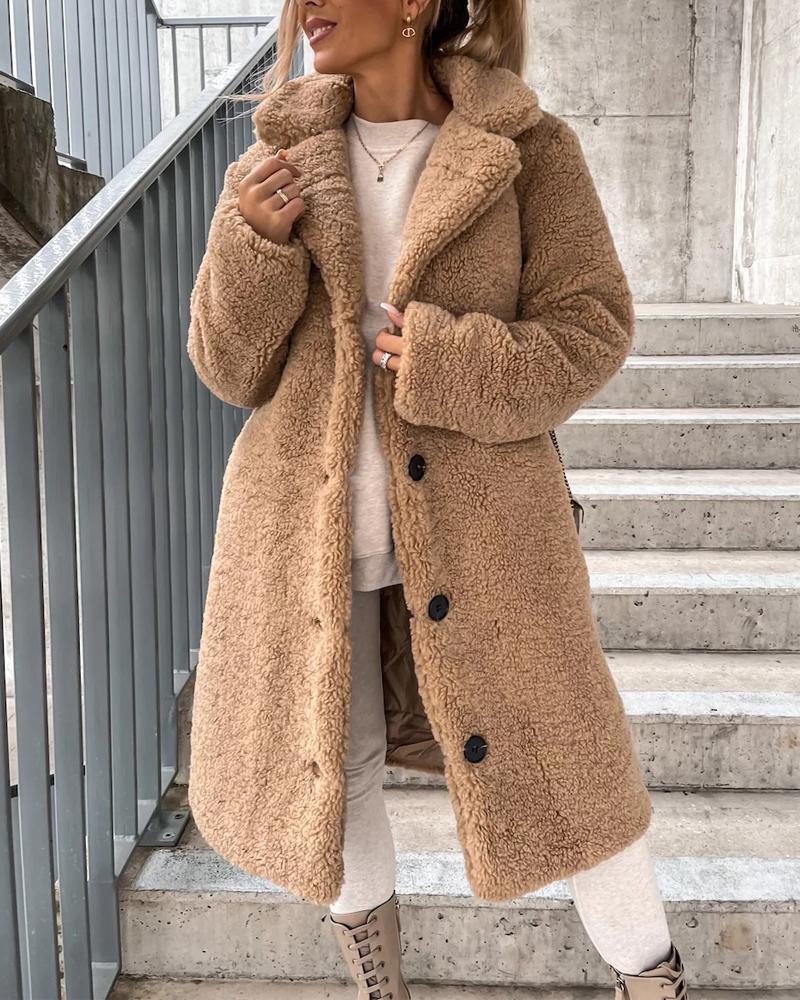 

Long Sleeve Button Front Teddy Coat, Khaki