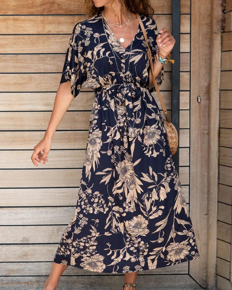 

Floral Print Half Sleeve V-Neck Dress, Purplish blue