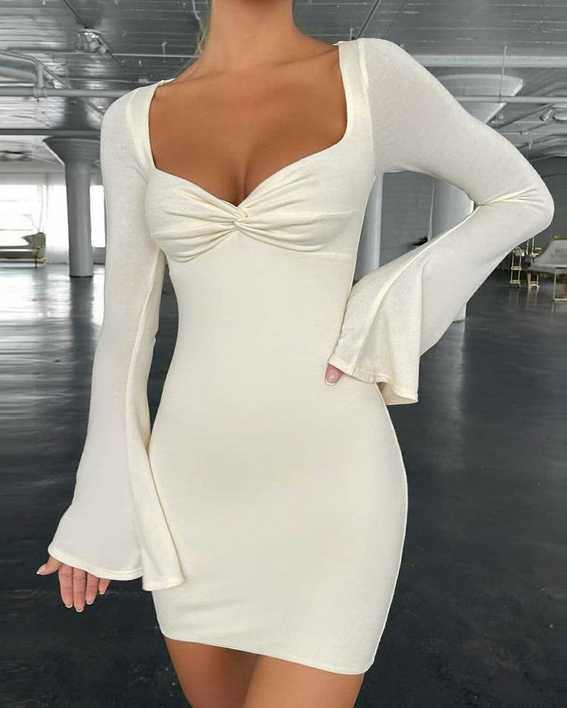 

Bell Sleeve Twisted Ruched Bodycon Dress, Apricot