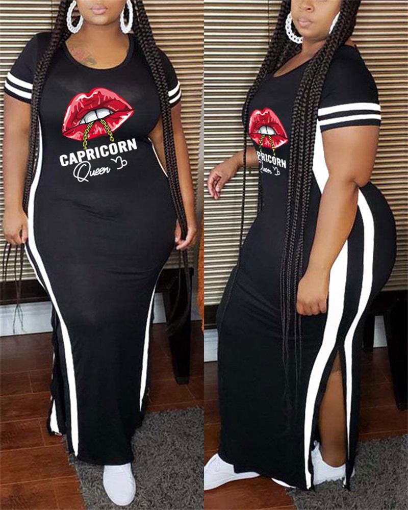 

Plus Size Lip Letter Print Split Hem Maxi Dress, Black