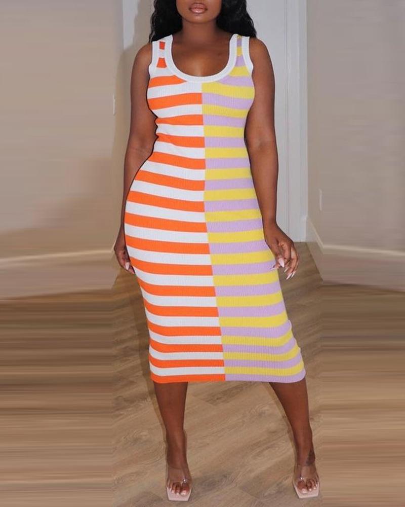 

Colorblock Striped Print Casual Tank Dress, Pink