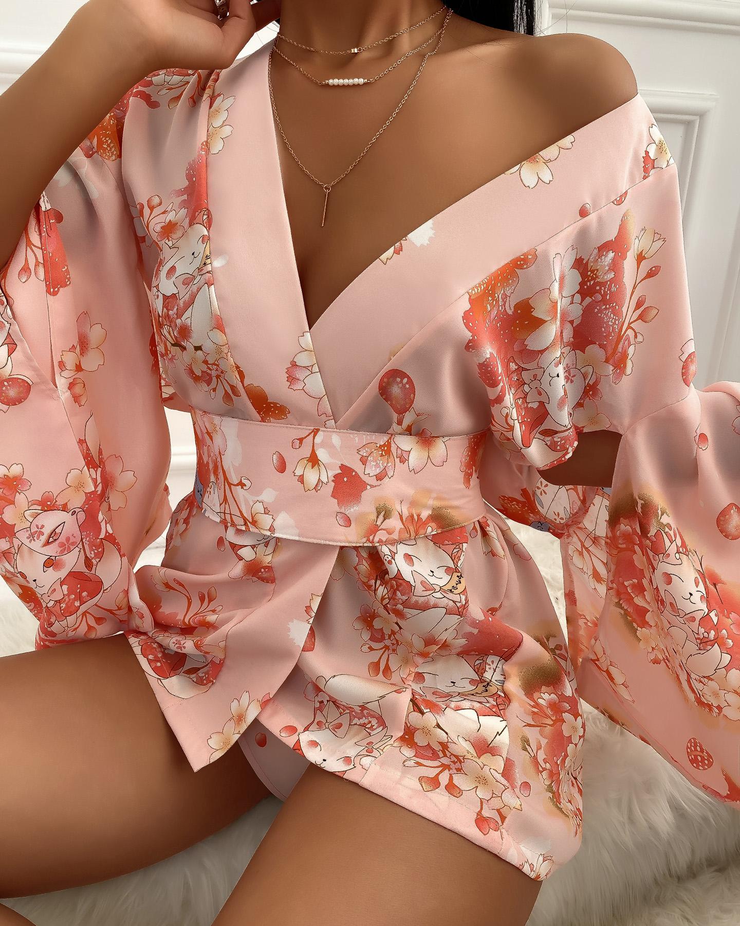 

Blossom Sakura Cartoon Print Kimono Robe Costume, Pink