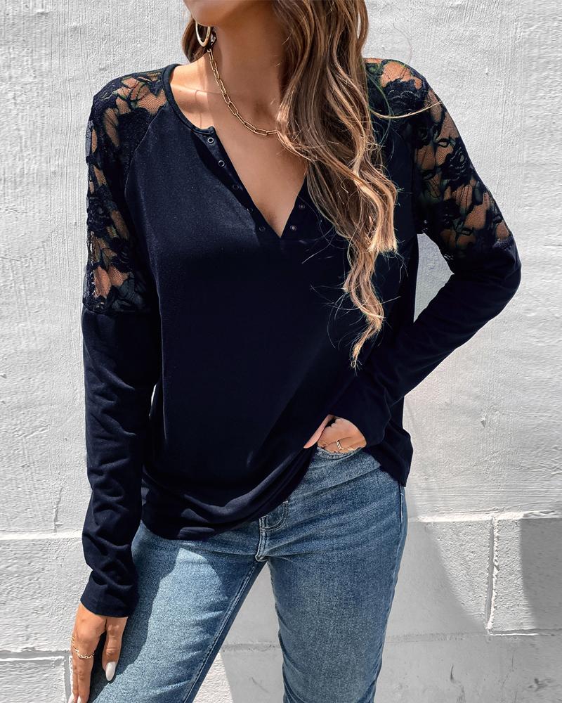 

Contrast Lace Long Sleeve Eyelet V-Cut Top, Purplish blue