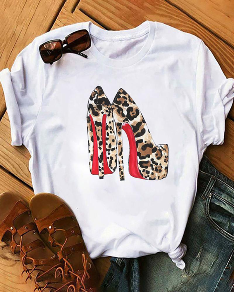 

Leopard Graphic Heels Print Short Sleeve T-Shirt, Style2