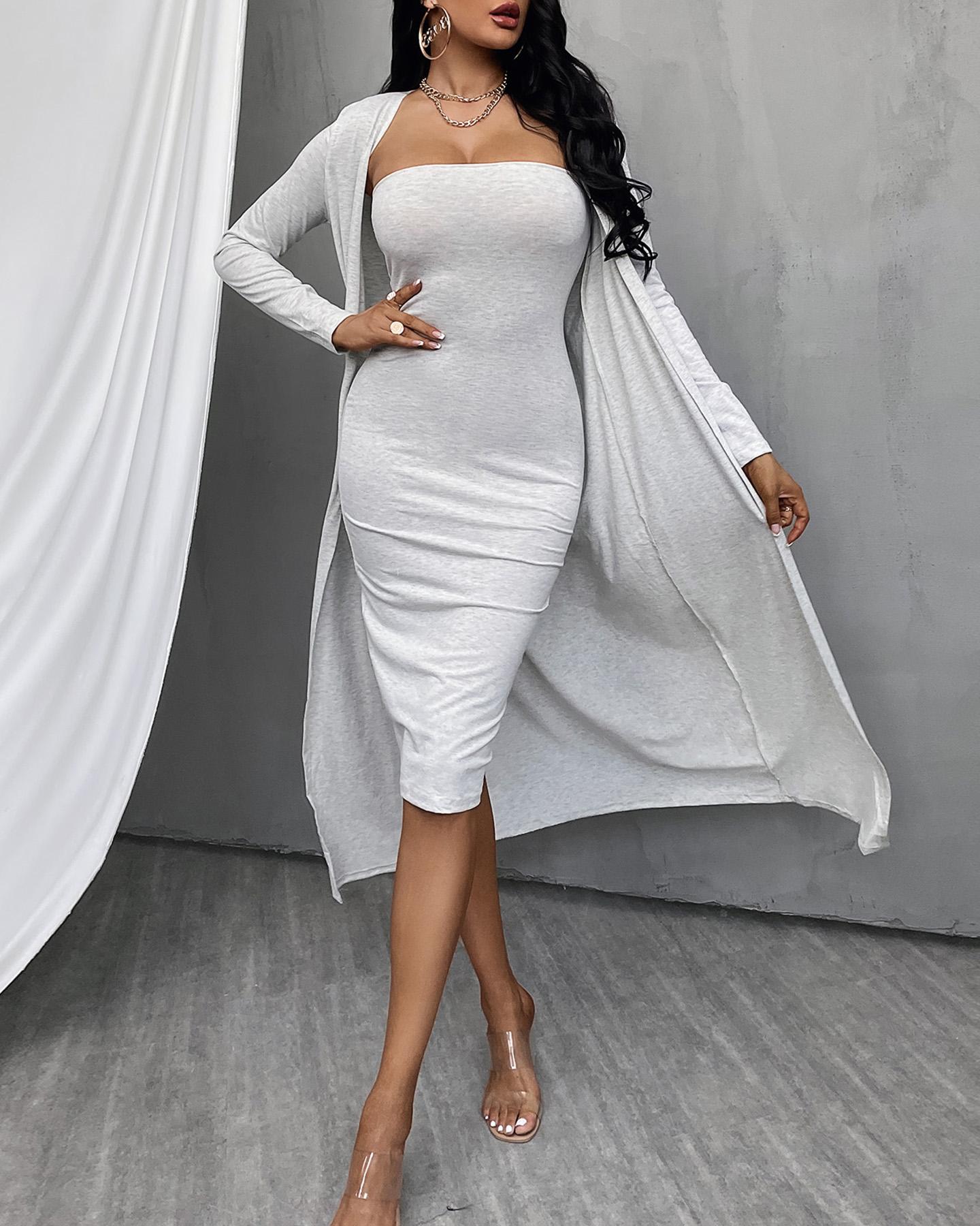 

Plain Bodycon Tube Dress With Longline Coat, Gray