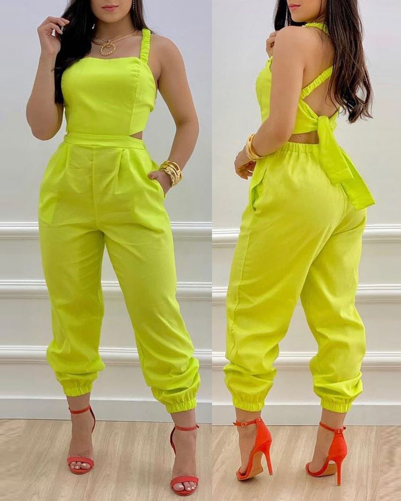 

Criss Cross Tied Detail Backless Jumpsuit, Yellow
