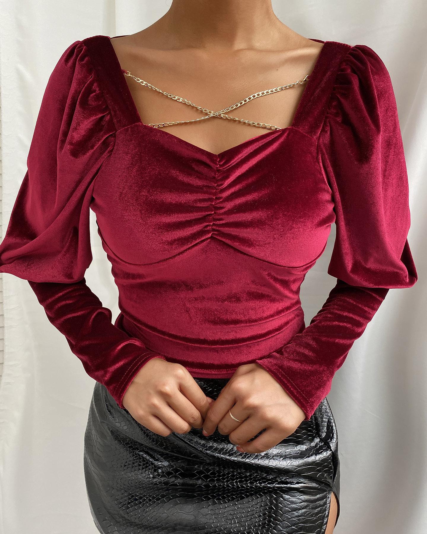 

Plain Gigot Sleeve Tie Detail Top, Red