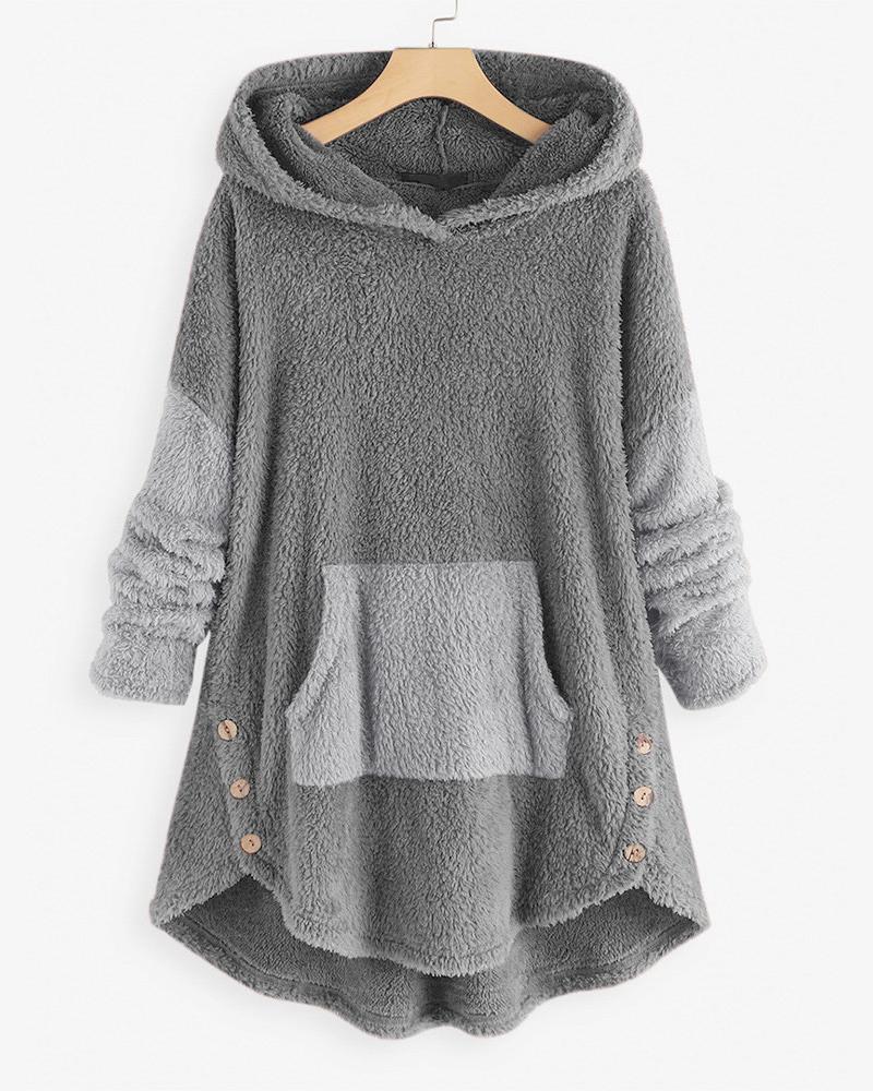 

Patchwork Long Sleeve Button Design Fluffy Hoodie, Gray