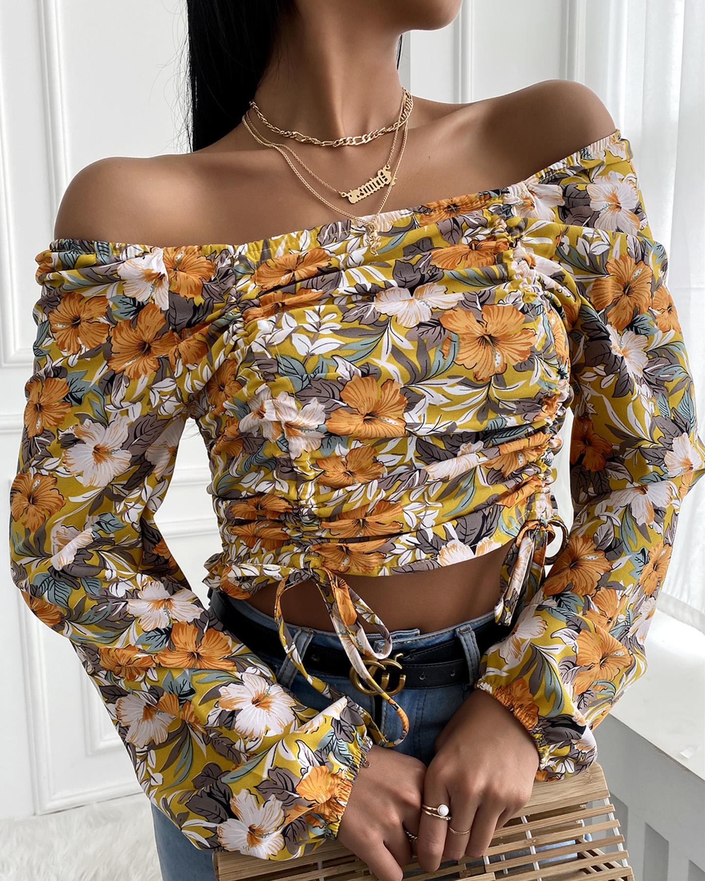 

Floral Print Square Neck Long Sleeve Chiffon Top, Yellow