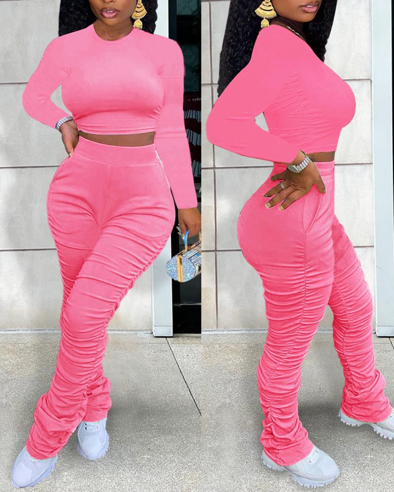 

Round Neck Crop Top & Ruched High Waist Pants Set, Pink