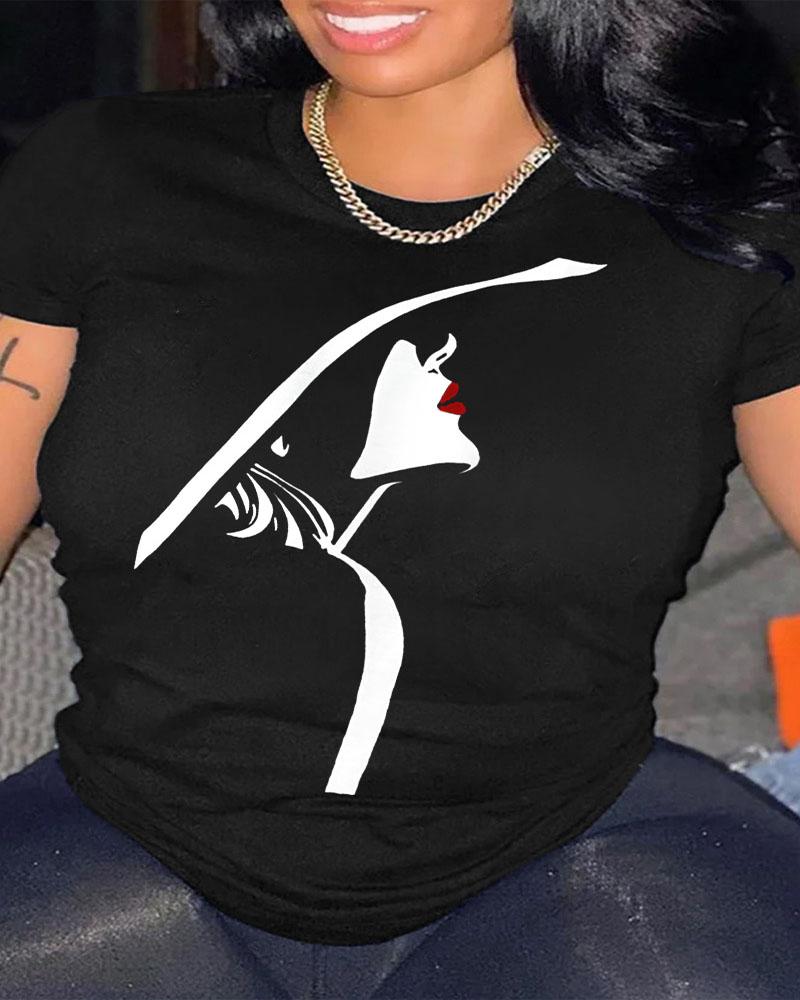

Plus Size Abstract Figure Print Casual T-shirt, Black