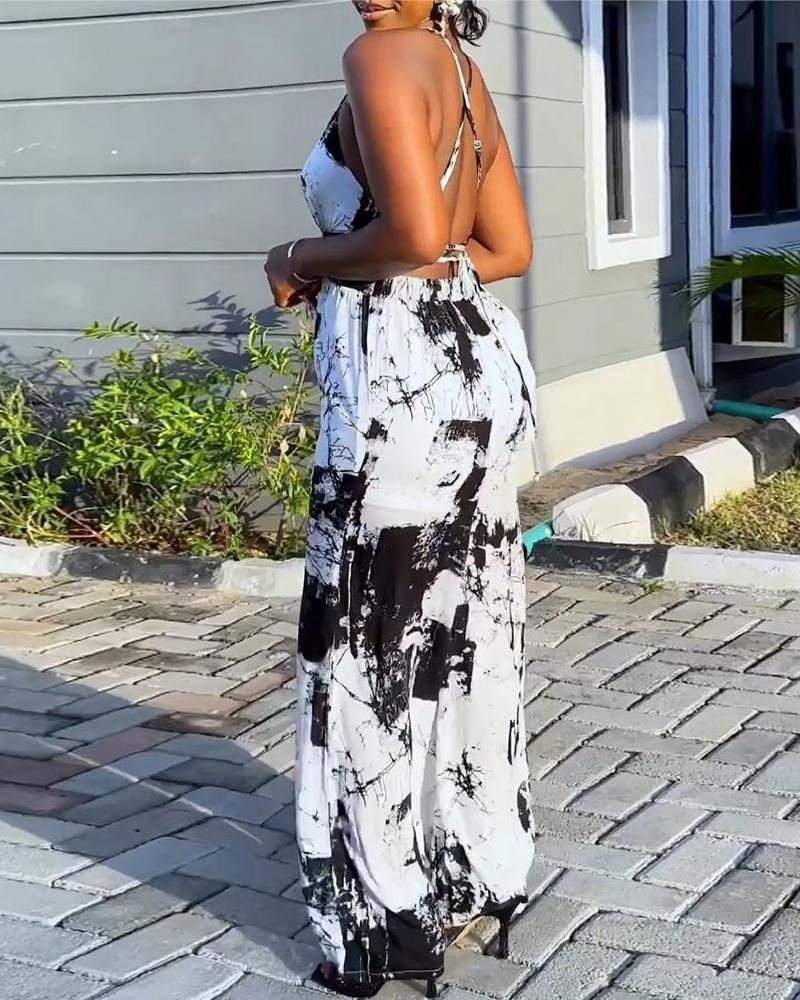 

Tie Dye Print Sleeveless Crisscross Backless Jumpsuit, White