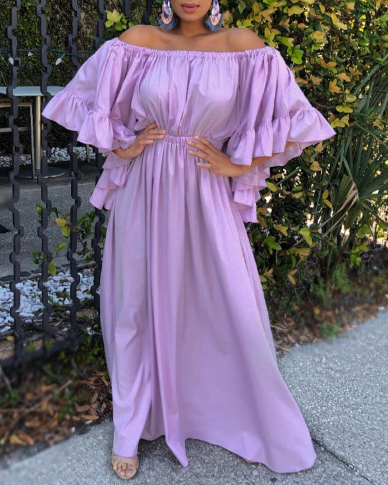 

Off Shoulder Ruffle Hem Half Sleeve Maxi Dress, Purple