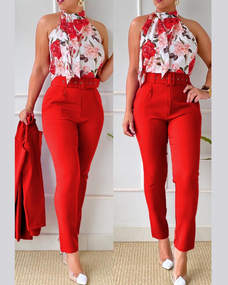 Floral Print Tank Top & High Waist Pants Set With Belt