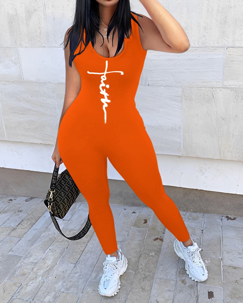 Faith Print UNeck Sleeveless Skinny Jumpsuit