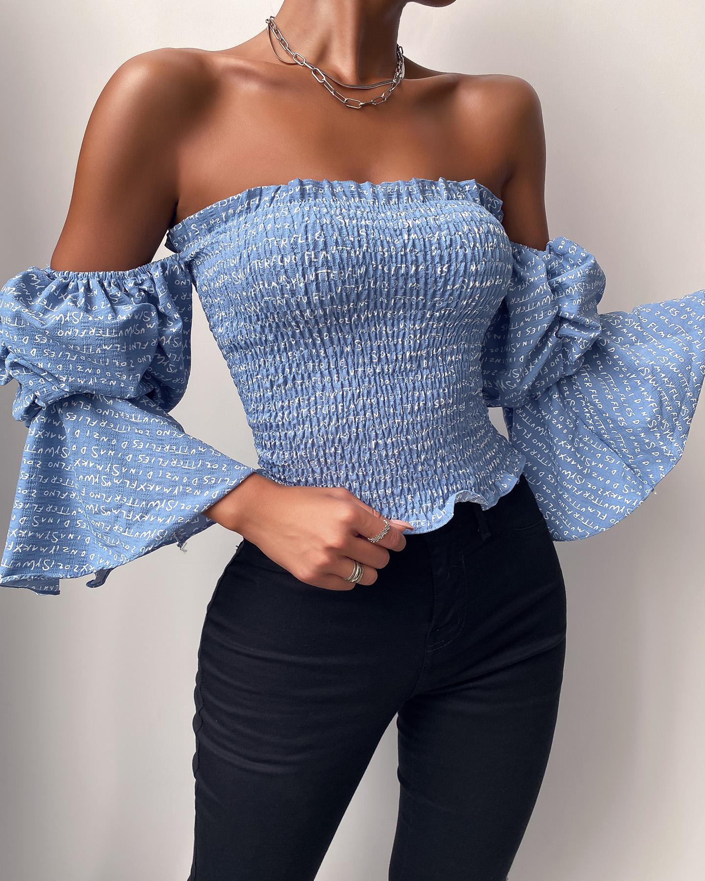 

Off Shoulder Shirred Puffed Sleeve Top, Blue