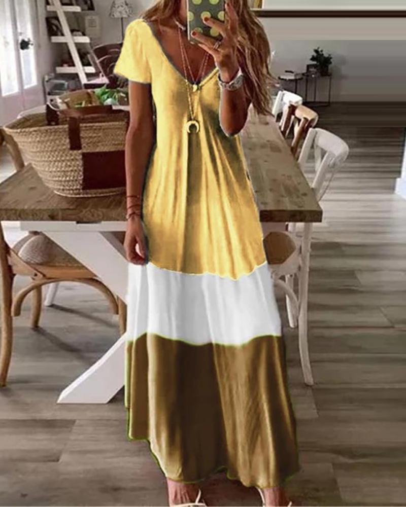 

V-Neck Short Sleeve Colorblock Maxi Dress, Yellow