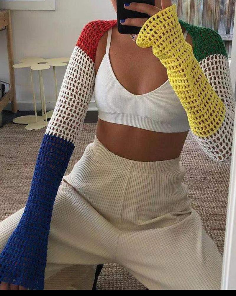 

Colorblock Bell Sleeve Hollow Out Cardigan, Yellow