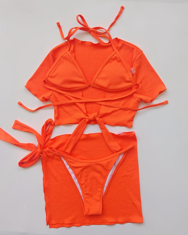 

Tie Neck Bikini Set With Tied Detail Cover Up And Top, Orange