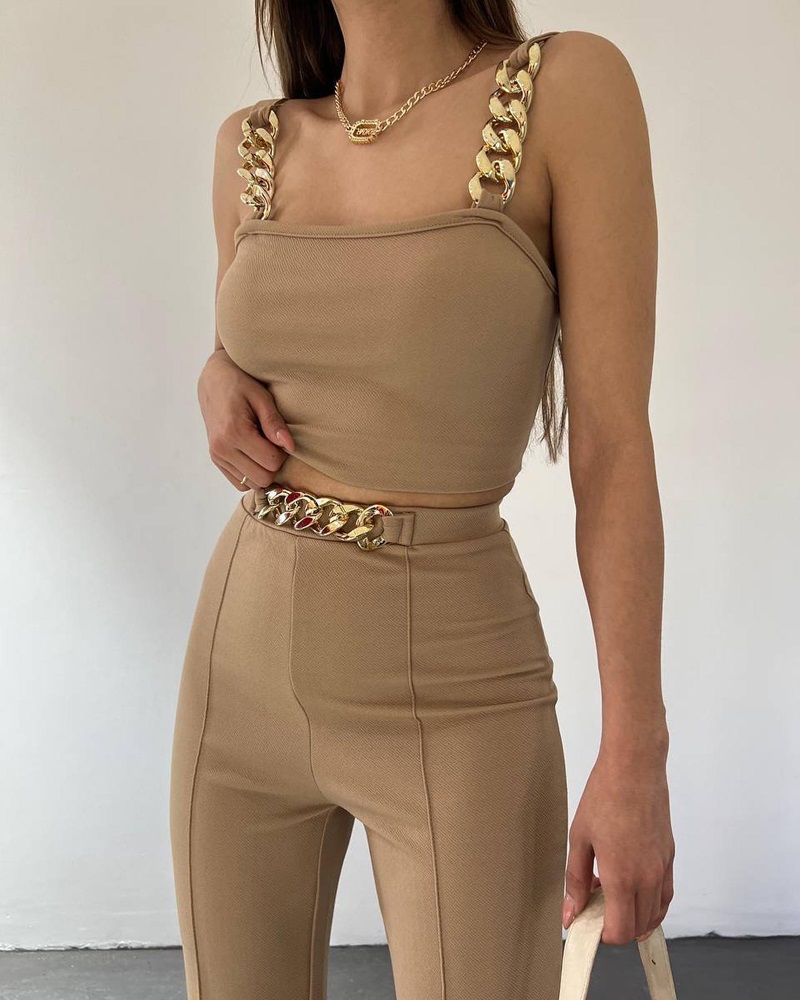 

Square Neck Chain Decor Top & Pants Set, Khaki