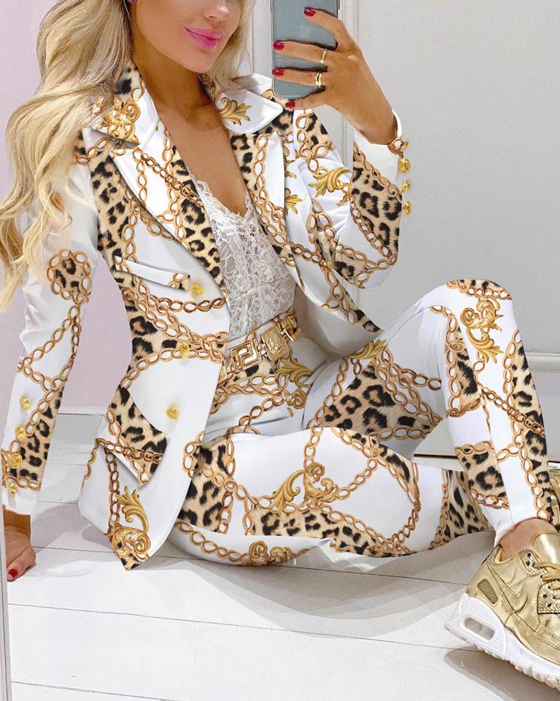 

Chain Print Lapel Collar Double Breasted Blazer & Tailored Pants Set, White