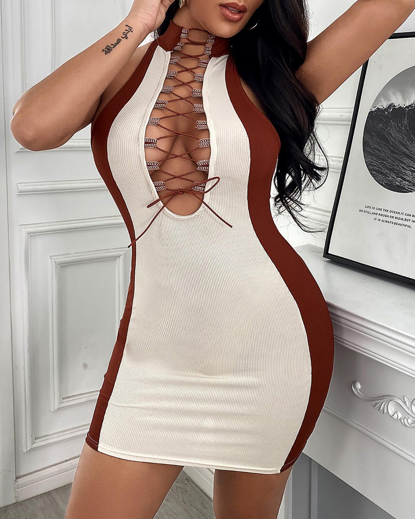 

Lace-up Colorblock Sleeveless Bodycon Dress, Apricot
