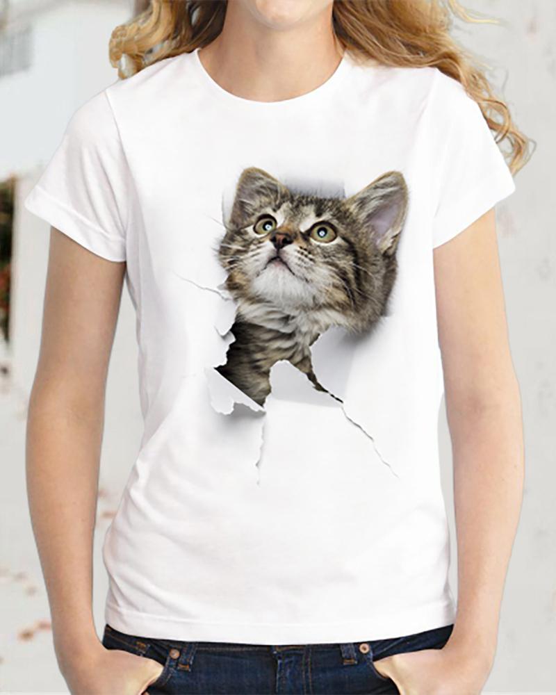 

Cat Print Short Sleeve T-Shirt, Style4