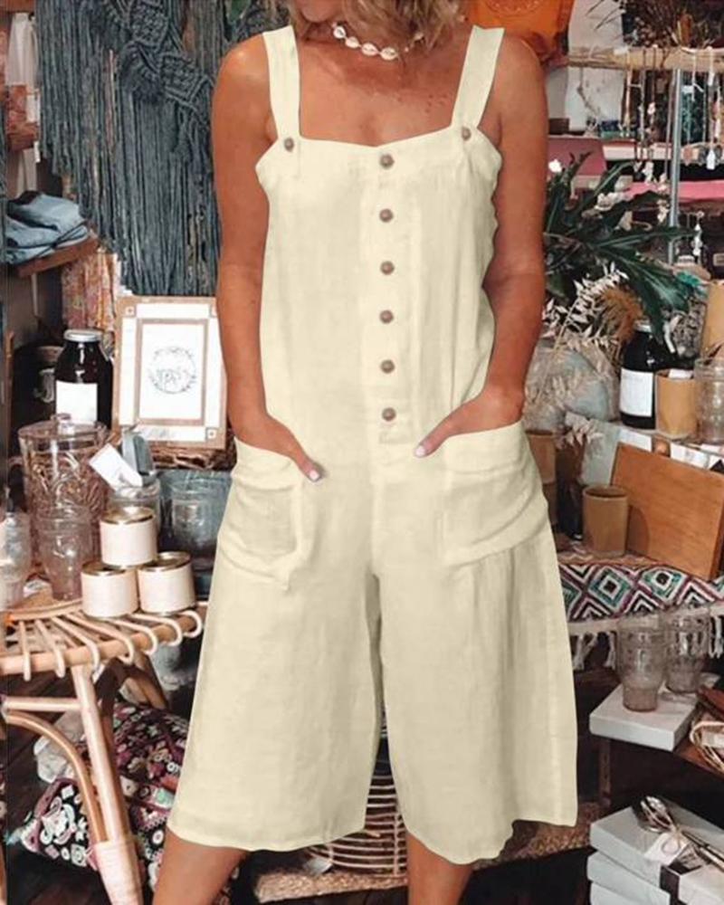 

Button Front Pocket Design Suspender Romper, Apricot