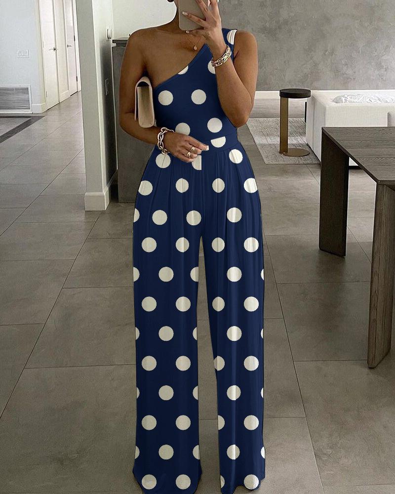 

Polkadot Print One Shoulder Ruched Jumpsuit, Purplish blue
