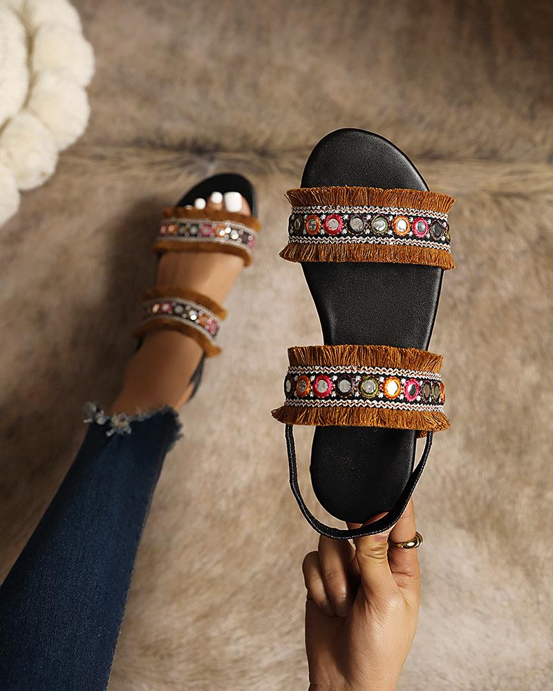 

Boho Tassel Patchwork Roune-toe Flat Sandals, Brown
